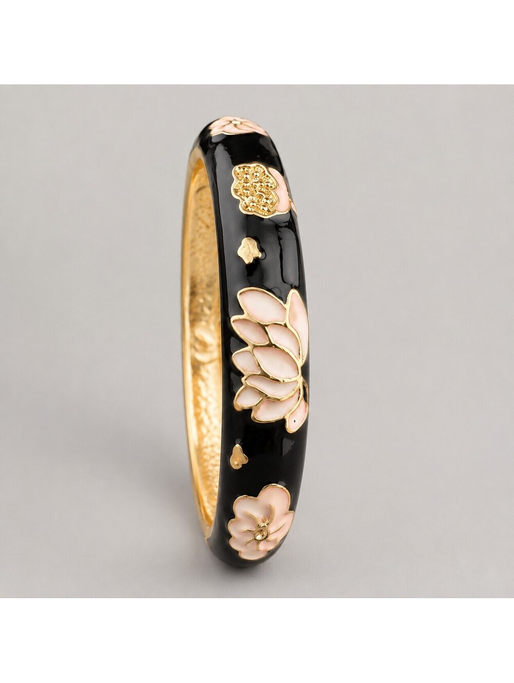 Black Enamel Floral Hinged Bracelet